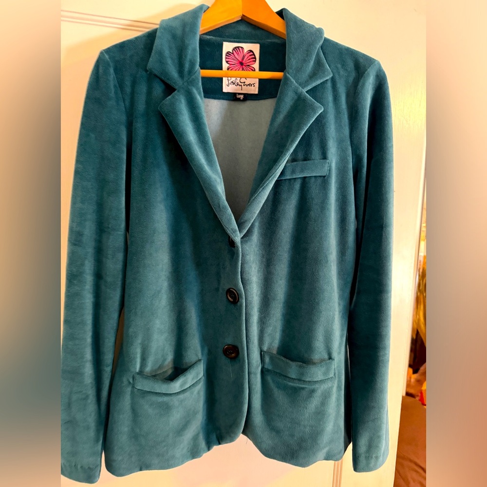 Lesley Evers Britt velvet blazer size Large. Teal